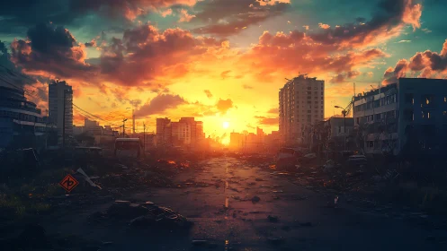 Digital painting of post-apocalyptic avenue at incendiary sunset.