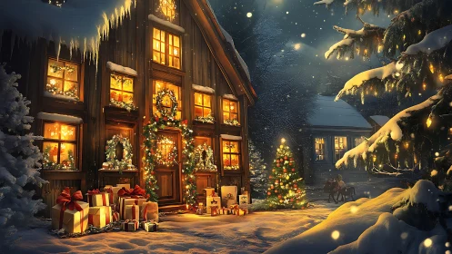 Warmly illuminated chalet showcases festive winter exterior