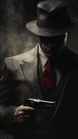 Mysterious trench coat figure in moody noir shadows.