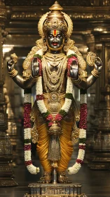Gilded Vishnu idol with flower garlands in ornate shrine.