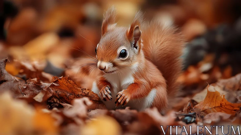 Tiny red squirrel amid glowing autumn leaf bokeh scene.