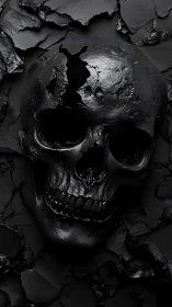 Photoreal black skull relief on fractured matte surface.
