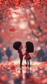 Two Hearts Hold Embrace Beneath Cascading Love's Gentle Glow.