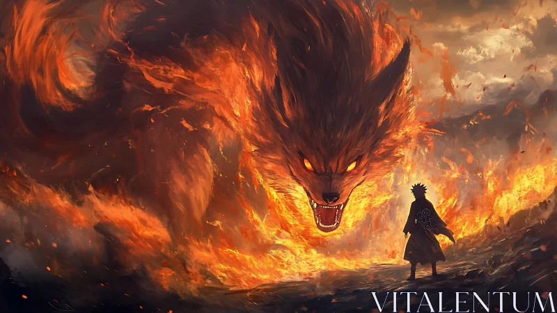 Silhouetted figure confronting giant fiery fox entity.