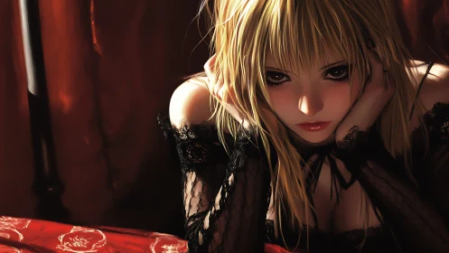 Melancholic blonde anime girl leans forward in red shadows.