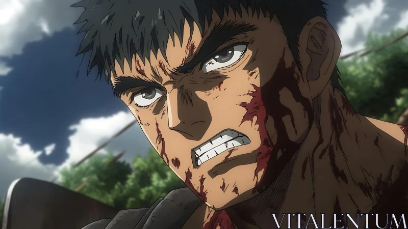 Battle-hardened warrior snarling under stormy daylight sky.