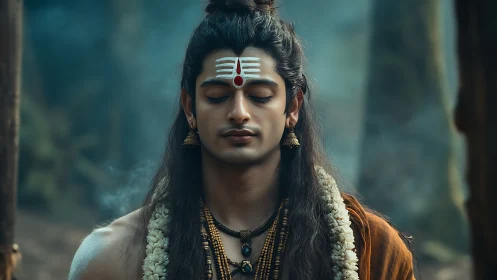 Serene yogi in forest meditation with sacred tilak marks.