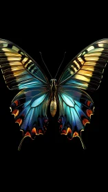 Iridescent butterfly spreads luminous wings in darkness.