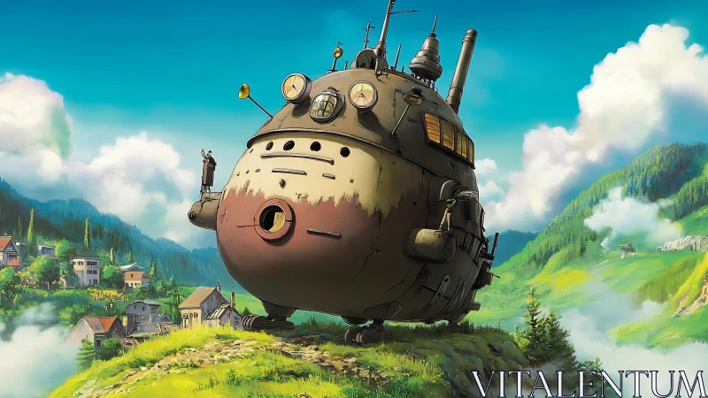 Gentle hilltop robot home rolling through misty valleys.