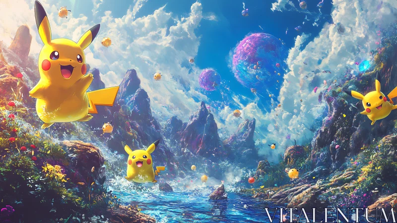 Pikachu figures in luminous extraterrestrial valley landscape.