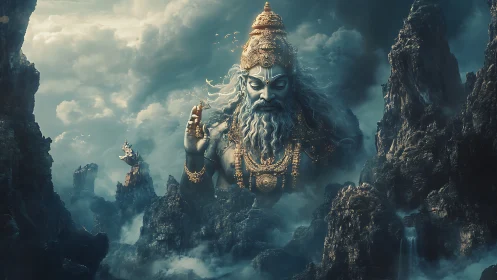 Mystic mountain god rising gently from swirling clouds.