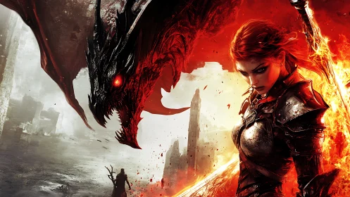 Armored warrior and red dragon in burning fantasy landscape.