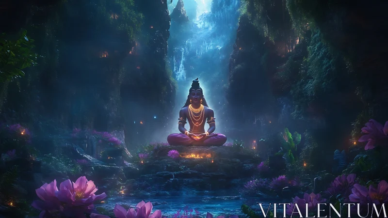 Luminescent meditating deity in bioluminescent jungle grotto
