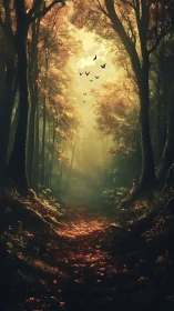 Luminescent Forest Corridor with Avian Silhouettes and Volumetric Light Diffusion.
