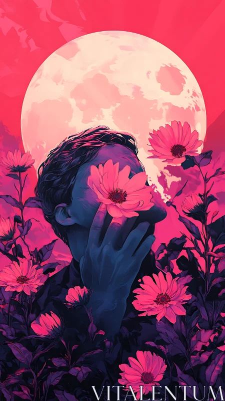Dreamy moonlit portrait wrapped in neon pink flowers.