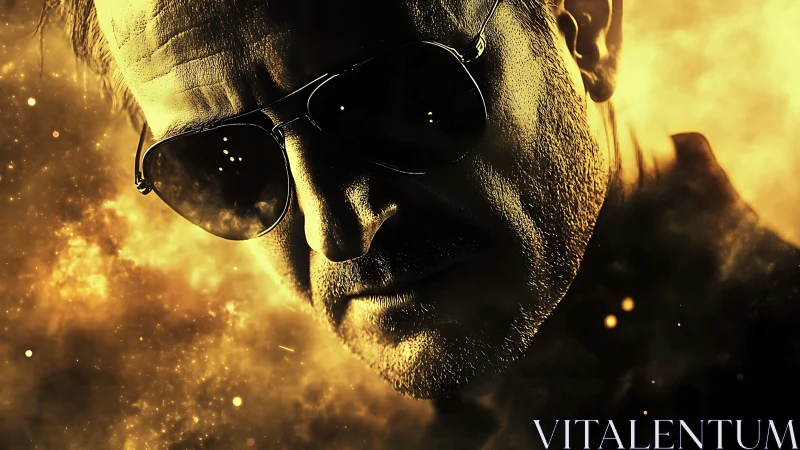 Smoldering gaze in golden smoke and shadowed sunglasses.