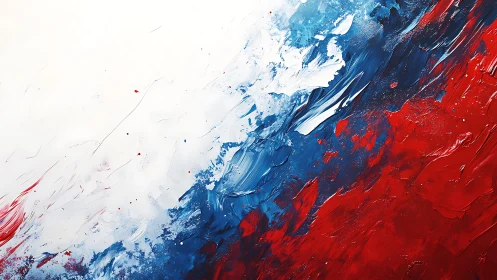 Dynamic Abstract Painting with Red, Blue, and White Palette.