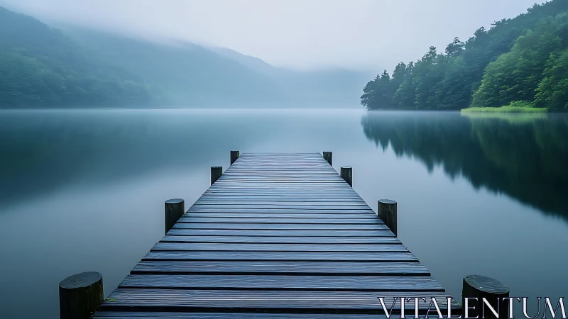 Wooden lakeside pier extending into calm misty water.