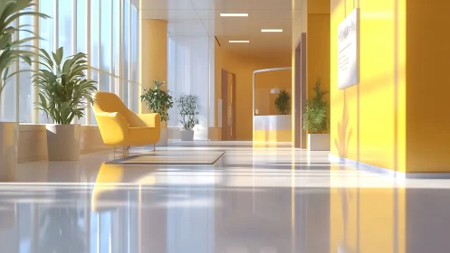 Daylit yellow lobby interior emphasizes glossy flooring reflections