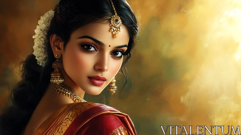 Woman in traditional attire looks back against warm backdrop