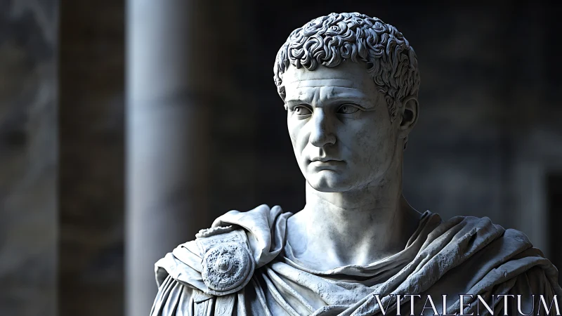 Marble bust of Roman figure in draped garment indoors.
