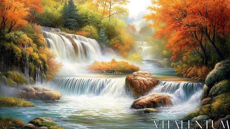 Gentle autumn waterfalls flowing through a glowing forest valley.