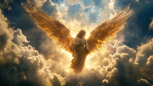 Golden seraph emerges from radiant stormlit heavens