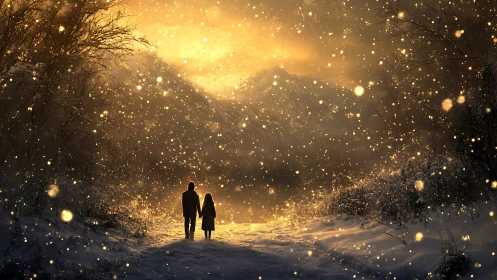 Silhouetted pair walk through golden winter snowfall glow.