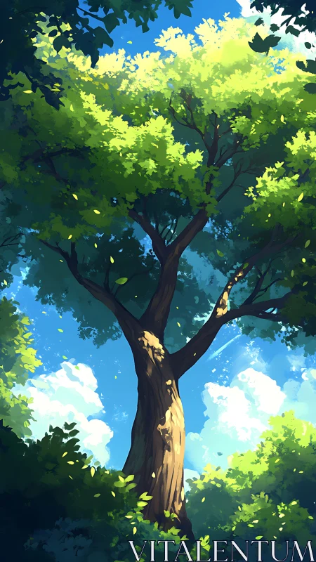Massive Tree Under Blue Sky with Sunlit Green Canopy