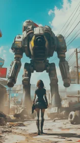 Woman confronts large bipedal mech in ruined urban street