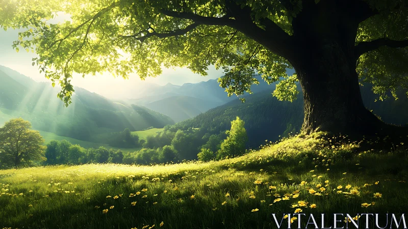 Sunlit hillside meadow lies beneath large foreground tree