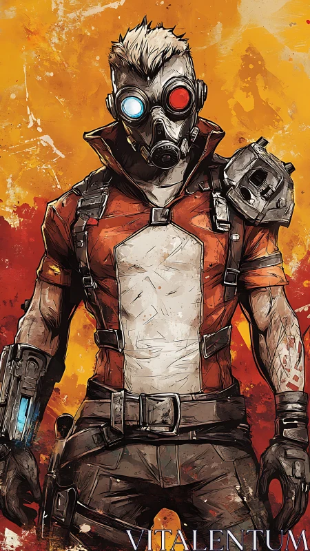 Masked rebel explorer in bold comic-style wasteland gear.