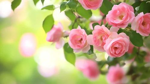 Pink roses in bloom with green foliage under natural sunlight conditions.
