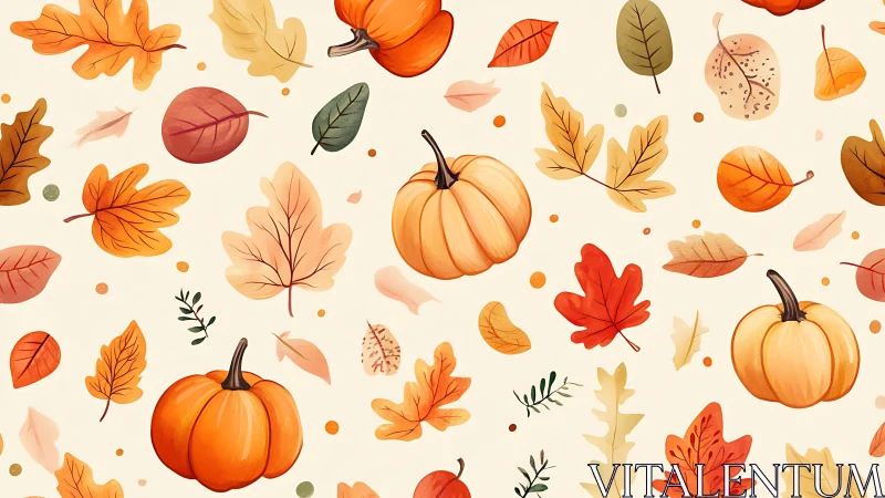 Playful pumpkins and autumn leaves dance across cream background