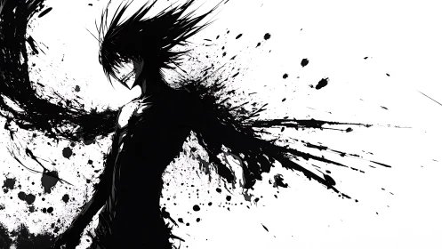Monochrome ink figure emerges from dynamic splatter field