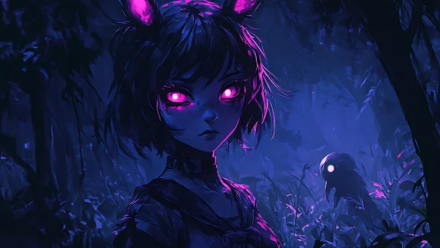 Forest-eyed night girl trades secrets with the neon gloom