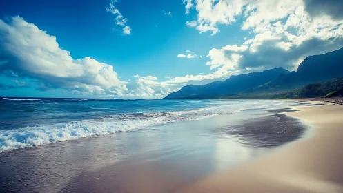 Gentle ocean waves greeting a sunlit, peaceful shoreline.