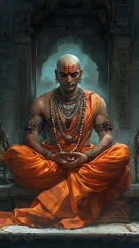 Digital painting of meditative monk in ornate temple interior.