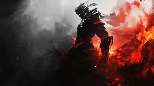 Armored dark warrior emerges from bifurcated fire and smoke field