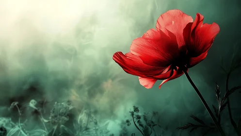 Red Flower Stem Against Soft Green Background Composition