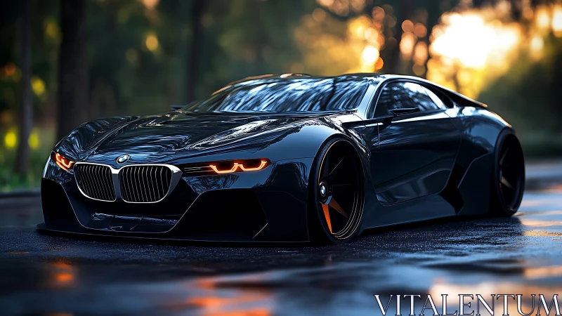 Midnight supercar prowls a wet forest road in molten light.