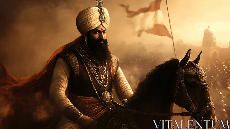 Majestic turbaned warrior rides through a smoky battlefield at dusk
