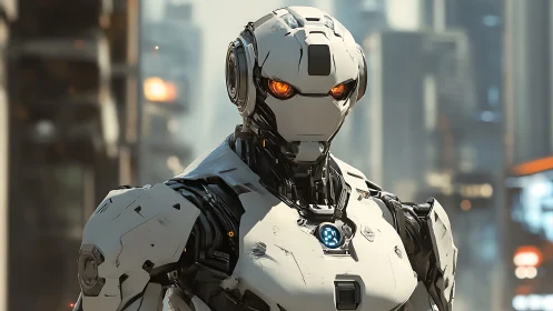 Steel guardian with ember eyes patrolling the neon skyline.