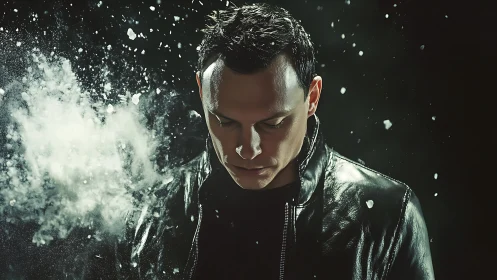 Man in leather jacket stands under drifting powder burst