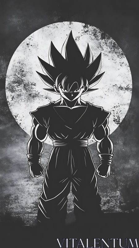 Moonlit Saiyan silhouette charging in grayscale thunder.