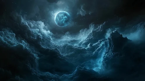 Storm-tossed lunar sea under ghostlit cosmic tides.