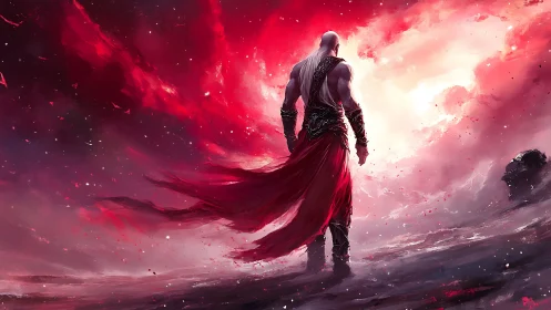 Armored warrior in red cloak amid luminous crimson storm