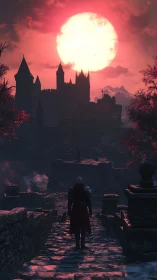 Lone knight walks toward gothic castle under blood moon