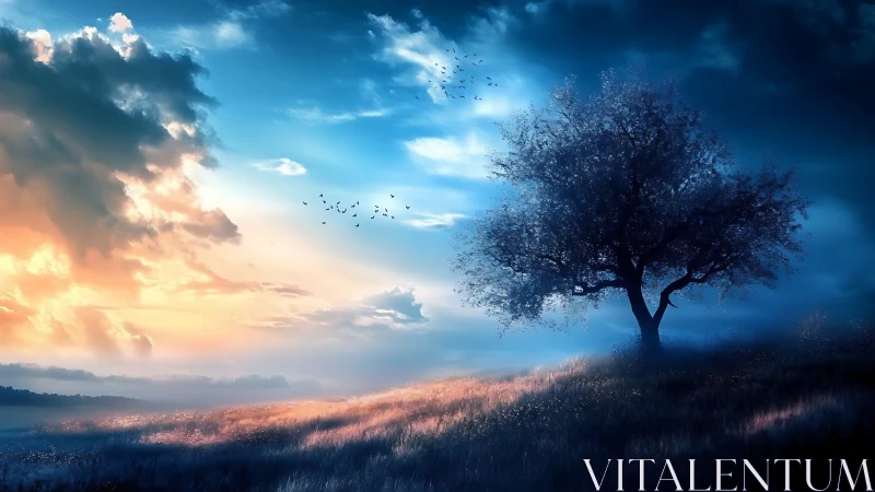 Solitary hilltree under cinematic twilight sky duel.