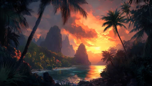 Tropical Sunset Bay with Limestone Cliffs.